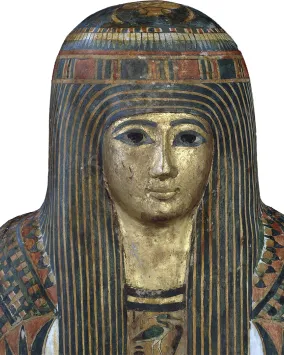 An ancient Egyptian mummy coffin featuring a gilded face, blue-striped wig, and intricate geometric and symbolic designs on the chest and shoulders