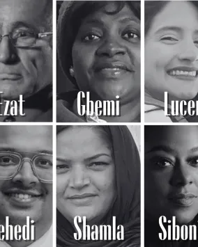 Black and white headshots of the 10 speakers for the Living Libraries: Newcomers’ Stories of Belonging talk