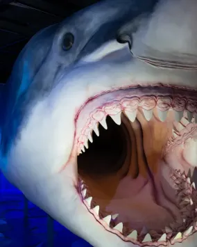 Close-up view of a life-sized Megalodon shark model with its mouth wide open, displaying multiple rows of sharp teeth, in a dark, blue-lit museum exhibit.