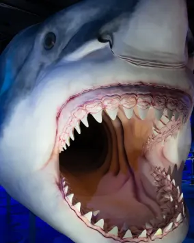 Close-up view of a life-sized Megalodon shark model with its mouth wide open, displaying multiple rows of sharp teeth, in a dark, blue-lit museum exhibit.