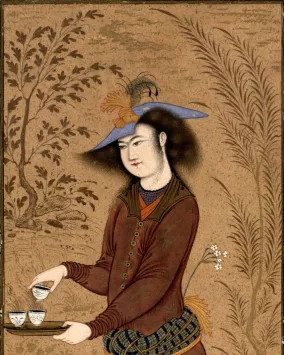 Riza ʿAbbasi, “Kneeling youth offering coffee.” Tehran, Golestan Palace Library, Ms. 1668 (Muraqqaʿ-i Gulistan or Gulshan), fol. 37.