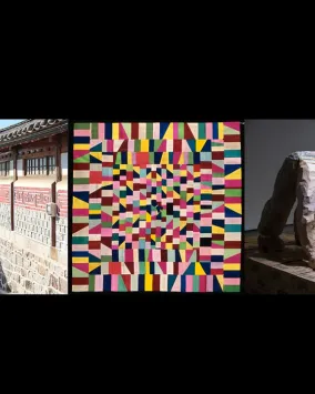 (left) Bukchon Hanok Village, Seoul, Korea. (middle) Jogakbo (Wrapping Cloth), Asian Art Museum of San Francisco, 1998.57, Gift of Mrs. Ann Witte;  (right) Shin Min, Part-time Workers in Downward Dog Pose, 2014. Photo by Hyo Seop Jeong. Image courtesy of the artist. 