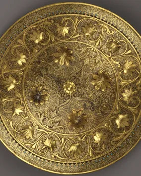 Mughal Empire, 18th - 19th century CE, gold shield with ring of inlaid turquoise gems.