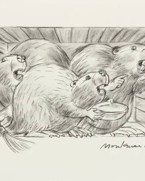 Kent Monkman, Étude au fusain pour *The Colony (Dish)*, 2025. Fusain sur papier sans acide, 18 x 24 pouces. Image reproduite avec l'aimable autorisation de l'artiste.