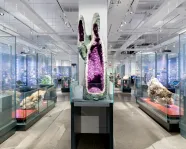 Une galerie remplie de minéraux et de pierres précieuses au centre de laquelle se trouve une très grande géode de quartz et d'améthyste.