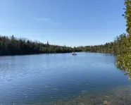 A serene lake encircled by lush trees, featuring a small boat gently floating on the water's surface.