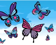 Butterfly drawings in blue, pink and purple against a blue sky