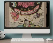 A desktop monitor displays a print of a giant koi