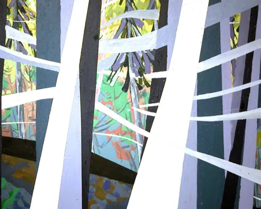 Acrylic painting on canvas; lines of white, blue, and grey over coniferous trees.