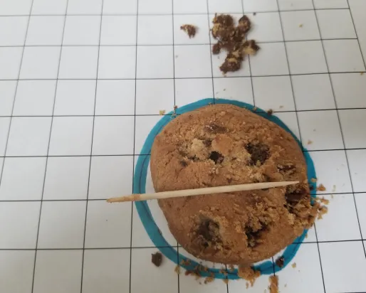Biscuit aux pépites de chocolat sur papier quadrillé, quelques pépites de chocolat retirées ou "minées" du produit situé à côté.
