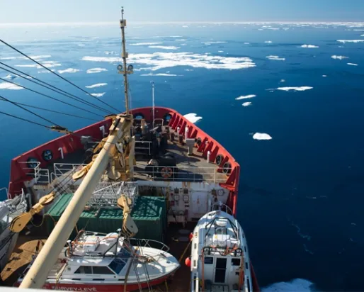 The Canadian Coast Guard’s icebreaker Sir Wilfrid Laurier, the ship used to deploy the team searching for HMS Terror, steams through calm yet icy arctic waters en route to the search area. © Parks Canada / Thierry Boyer