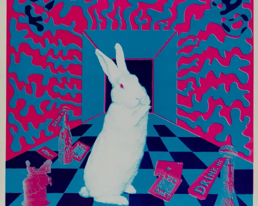 A white rabbit stands on its hind legs, surrounded by objects from the story Alice in Wonderland.