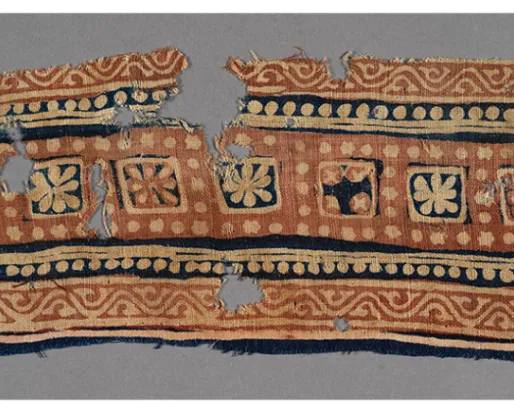 Textile fragment. Made in Gujarāt, India; used in Egypt. 13th-15th century. Blockprinted cotton tabby. 978.76.97 Abemayor Collection given in memory of Dr. Veronika Gervers, Associate Curator, Textile Department (1968-1979) by Albert and Federico Friedberg. Certified by the Canadian Cultural Property Export Review Board under the terms of the Cultural Property Export and Import Act.