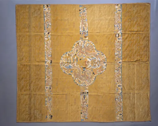 Man's uncut imperial coat (chao fu). China. Ming Dynasty. early 17th century. Solid ciselé silk velvet embroidered in silk and gold. 956.67.2 Gift of Louise Hawley Stone.