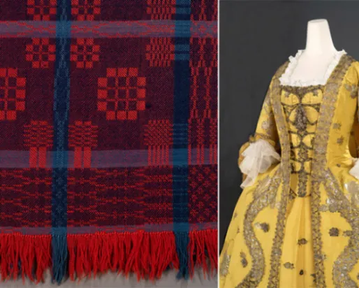 Left: 955.80.1.Coverlet Samuel Fry (Canadian weaver in Vineland ON, 1812 - 1881). Clinton Township, Lincoln County, Ontario, Canada. Twill diaper weave in coloured wool c. 1860. 211 x 199 cm. Gift of Mr. and Mrs. Harold B. Burnham. ROM2017_15641_1. Right: 973.399.A-C. Robe à la française Spitalfields (London), England. Silk extended tabby (gros de Tours) with liseré self-patterning and brocading in silver lamella and filé Georgian Rococo. 1750s. Gift of the Fashion Group Inc. of Toronto in memory of Gwen Co