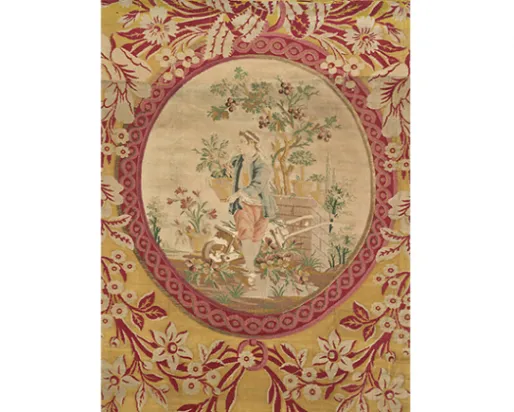 Textile d'ameublement Le Jardinier. Philippe de Lasalle (designer textile français, fabricant, 1723 - 1805). Lyon, France. Début des années 1770. Lampas en soie avec insert en satin broché tissé séparément. 959.7.1.