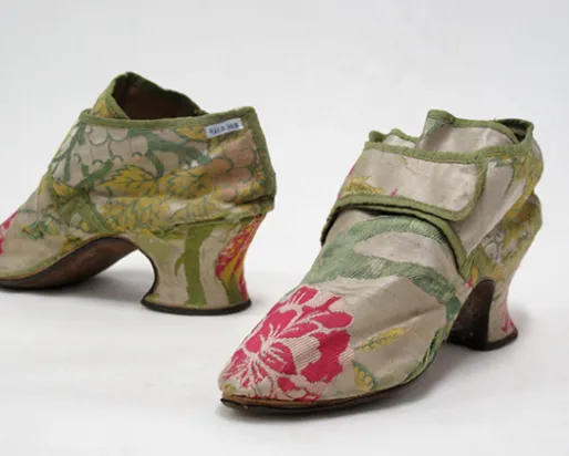 Woman's shoe. England. 1725-1750. Brocaded silk. 921.2.29. The Greig Collection of ladies' shoes, Gift of H. and C. Blachford Ltd.