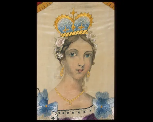 Portrait of Queen Victoria. Embroidered by Agnes Pringle Wallace, based on a painting by Mary Ann 'Mclean' Pringle. St. Thomas, Ontario, Canada. 1841. Satin embroidered in silk and wool. 963.14.2.A. Gift of Mr. Andrew H. Wallace.