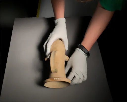 Photographer carefully placing collection item for photographing