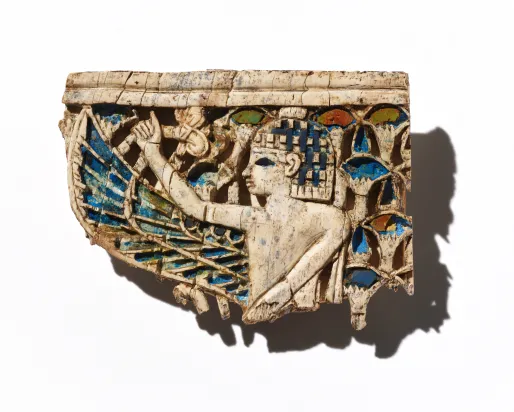 Panel component for inlay with Egyptianized figure grasping sacred tree