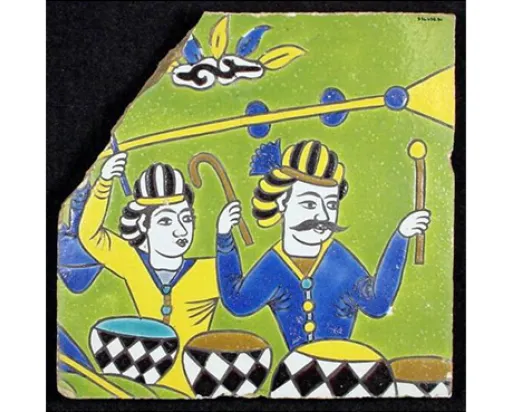  Ceramic (earthenware) with overal white tin-opacified glaze and overglaze paints in cuerda seca technique