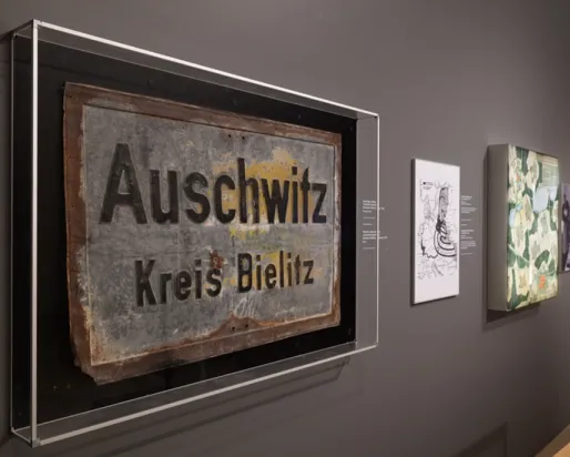 Photo of Auschwitz frame in exhibition reading Auschwitz Kreis Bielitz
