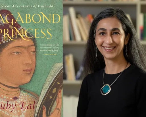 Side by side photo of Ruby Lal and her book Vagabond Princess: The Great Adventures of Gulbadan 