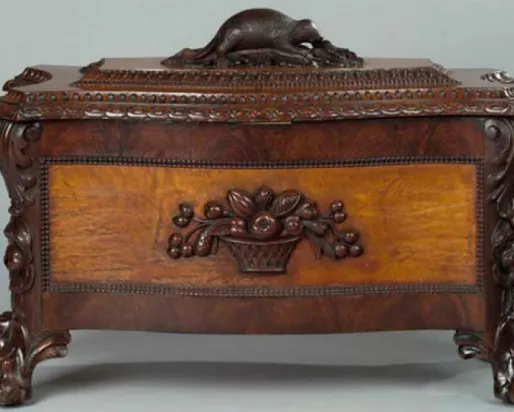 Trace the emergence of Canadian style in furniture and other decorative arts. Sporting a caved beaver andmaple leaf motifs, this iconic wine cellaret was produced in Quebec in the 1880s.