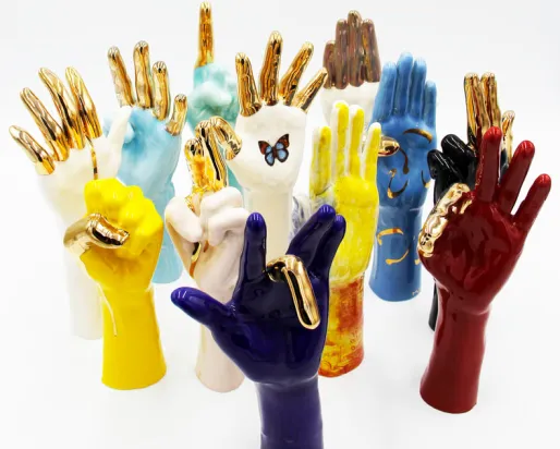 Brightly coloured ceramic hand shapes 