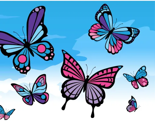Butterfly drawings in blue, pink and purple against a blue sky