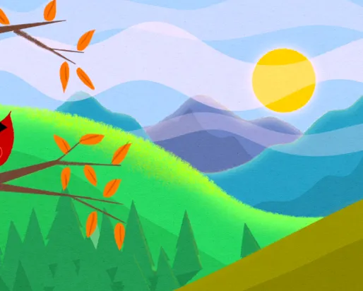 A drawn colorful image of a hill with a tree in front of it and a red bird. Behind the hill is a sunset behind a mountain.