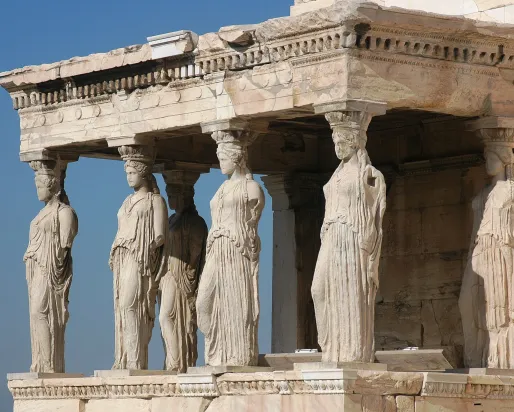 Porch of the Caryatids at the Erechtheum, Acropolis, Athens, Greece. © Harrieta171, Wikimedia Commons, 2006.