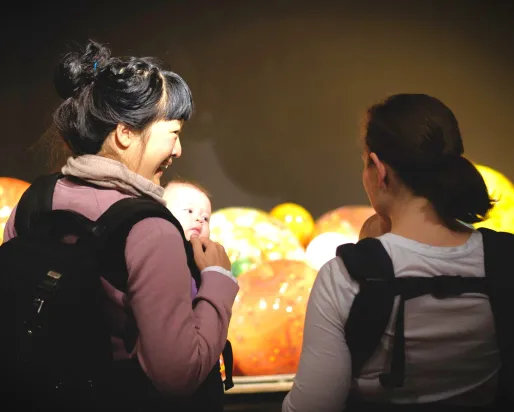 Two mothers carry with their baby in a carrier bag at ROM 