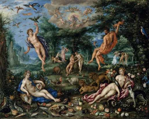 Oil painting of paradise with the four elements