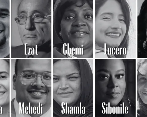 Black and white headshots of 10 storytellers at the Living Libraries: Newcomers' Stories of Belonging event