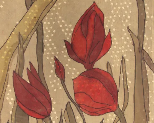 Beige Garment with Red Flowers. 