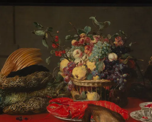 Detail of painting depicting game and fruit laid on a table.