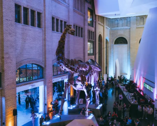 An overhead of Royal Ontario Museum with people walking around an artificial dinosaur fossil.