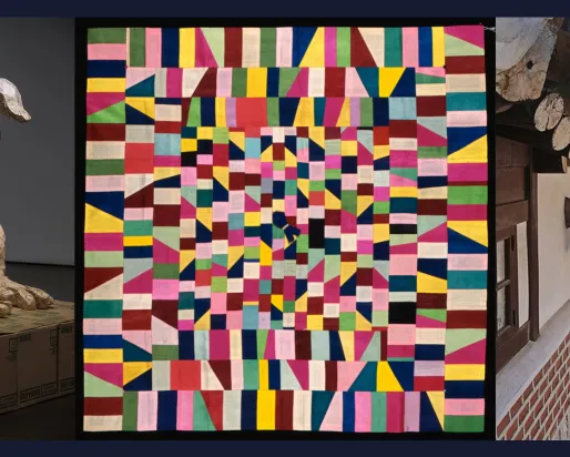(left) Shin Min, Part-time Workers in Downward Dog Pose, 2014. Photo by Hyo Seop Jeong. Image courtesy of the artist;  (middle) Jogakbo (Wrapping Cloth), Asian Art Museum of San Francisco, 1998.57, Gift of Mrs. Ann Witte; (right) Bukchon Hanok Village, Seoul, Korea