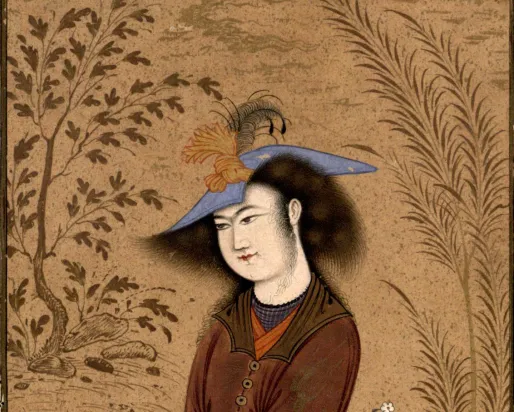 Riza ʿAbbasi, “Kneeling youth offering coffee.” Tehran, Golestan Palace Library, Ms. 1668 (Muraqqaʿ-i Gulistan or Gulshan), fol. 37.