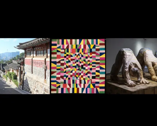 (left) Bukchon Hanok Village, Seoul, Korea. (middle) Jogakbo (Wrapping Cloth), Asian Art Museum of San Francisco, 1998.57, Gift of Mrs. Ann Witte;  (right) Shin Min, Part-time Workers in Downward Dog Pose, 2014. Photo by Hyo Seop Jeong. Image courtesy of the artist. 