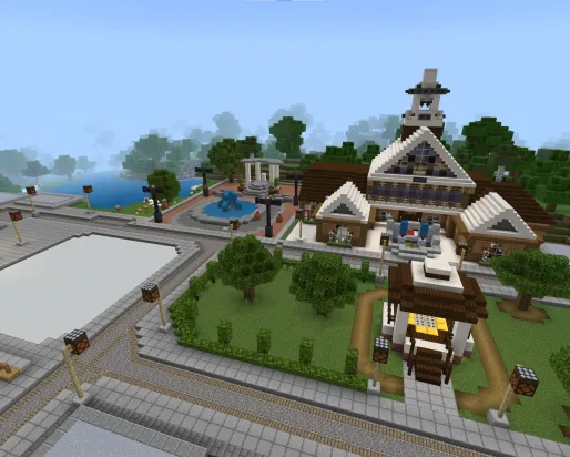 Community Building A Minecraft screenshot of a partially-constructed town