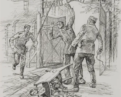 Work Sets You Free Jan Komski 1970–97 Original in the collection of the Auschwitz-Birkenau State Museum. Image used with permission