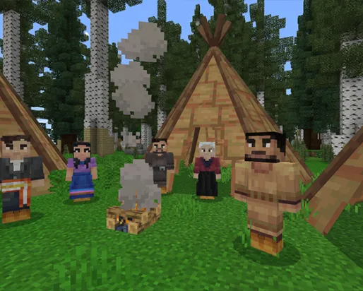 A Minecraft screenshot of several characters in Indigenous dress standing around a campfire in front of wigwaams.