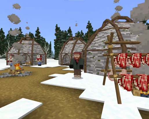 A Minecraft screenshot of a campsite in a winter forest. Several birchbark wiigwaams are set around a central fire. To one side, meat on racks cures over a fire. Several Elders dressed in warm winter clothing stand outside the wiigwaams.