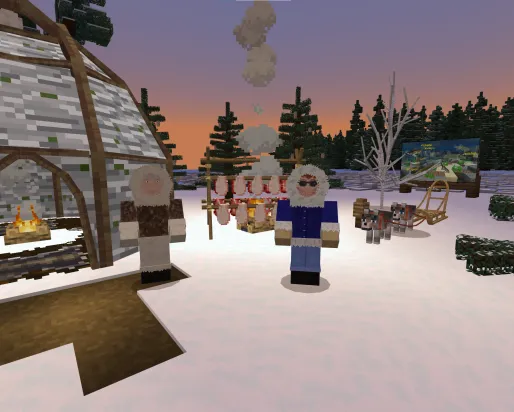 A Minecraft screenshot of two men in furry parkas standing in a snowy forest next to a wigwam made of birch bark. 