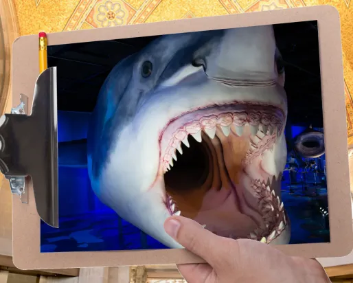 A hand holds a clipboard in front of a gallery with a mosaic ceiling. The clipboard is holding a picture of a huge shark with a gaping mouth.