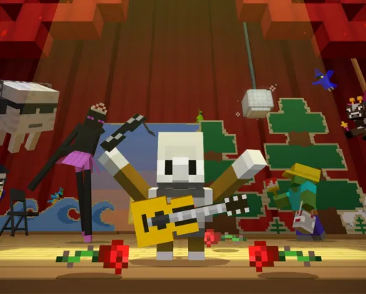 A Minecraft screenshot of a small robot standing on a stage surrounded by flowers. On stage around and behind the robot are wacky Minecraft creatures in a variety of theatrical poses.