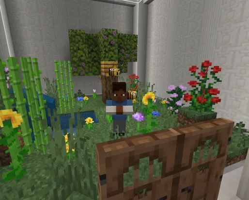 A Minecraft screenshot of a man standing in a lush garden with flowers and a beehive.