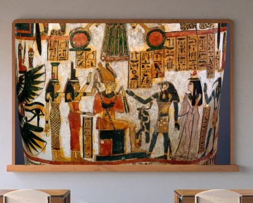 Un écran dans une salle de classe affiche une scène d'un ancien cercueil égyptien avec des hiéroglyphes.